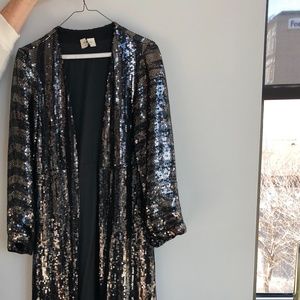 Designer Sequin Open Front Long Cardigan Coat Sheer Jacket for Party